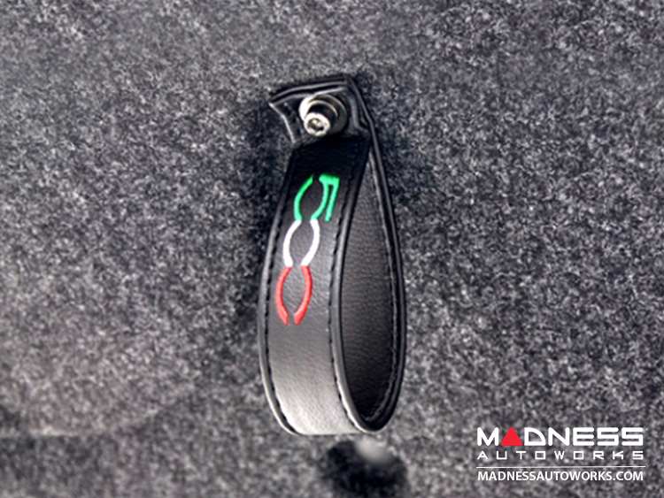 FIAT 500 Trunk Handle / Pull Strap - Black Italy - Black w/ Black Stitch + 500 Logo in Italian Colors